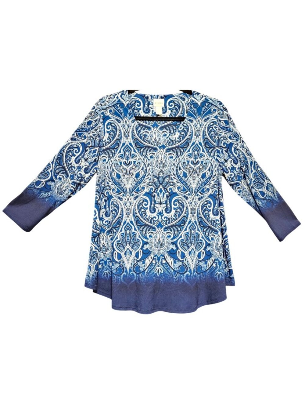 Chicos Blue & White 3/4 Sleeve Tunic Top Size 1 Damask Print Polyester Blend